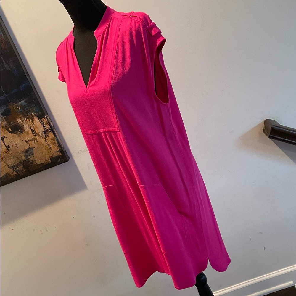 J.Crew Hot Pink PullOver Shift Dress Size S Patch Pockets Shoulder Tabs HighLow - Picture 2 of 15